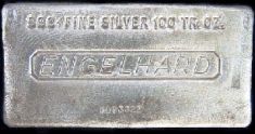 100 ounce (oz) Engelhard Silver Bar, Standard Engelhard Logo, Poured, Obverse