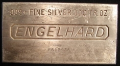 100 ounce (oz) Engelhard Silver Bar, Standard Engelhard Logo, Obverse