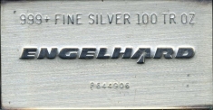 100 ounce (oz) Engelhard Silver Bar, Triangle Engelhard Logo, Obverse