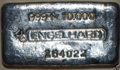 10 ounce (oz) Engelhard Silver Bar, 6-Digit, Bull Logo, Poured, Variety A, Obverse