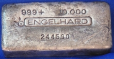 10 ounce (oz) Engelhard Silver Bar, 6-Digit, Bull Logo, Poured, Variety C, Obverse