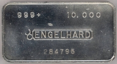 10 ounce (oz) Engelhard Silver Bar, 6-Digit, Bull Logo, Stamped, Obverse