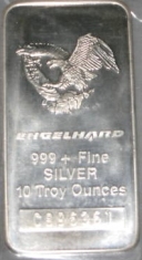 10 ounce (oz) Engelhard Silver Bar, C-Series, Tall, Eagle/Flag Logo, Obverse
