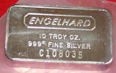 10 ounce (oz) Engelhard Silver Bar, C-Series, Wide, Stamped, Frosted Back, Obverse