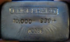 10 ounce (oz) Engelhard Silver Bar, Old Style, Poured, Obverse