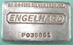 10 ounce (oz) Engelhard Silver Bar, Original Design, Poured, Waffle Back, Obverse