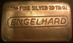 10 ounce (oz) Engelhard Silver Bar, Standard Design, Poured, Flat Back, No Serial, Obverse