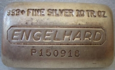 10 ounce (oz) Engelhard Silver Bar, Standard Design, Poured, Flat Back, Obverse