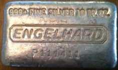 10 ounce (oz) Engelhard Silver Bar, Standard Design, Poured, Waffle Back, Obverse