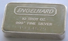 10 ounce (oz) Engelhard Silver Bar, P-Series, Wide, Stamped, Obverse