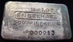 10 ounce (oz) Engelhard Silver Bar, 'T.OZ', Poured, Large Logo, Obverse