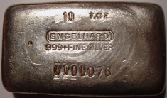 10 ounce (oz) Engelhard Silver Bar, 'T.OZ', Poured, Obverse