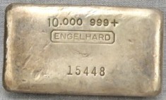 10 ounce (oz) Engelhard Silver Bar, 'T.OZ', Poured, Three Zeros, Obverse