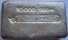 10 ounce (oz) Engelhard Silver Bar, Old Style, Wide, Three Zeros, Bull Logo, Poured, Obverse