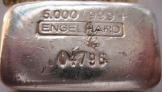 5 ounce (oz) Engelhard Silver Bar, 5-Digit, Poured, Obverse