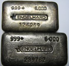 5 ounce (oz) Engelhard Silver Bar, 6-Digit, Bull Logo, Poured, 6cm vs 6cm