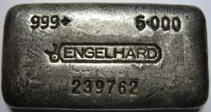5 ounce (oz) Engelhard Silver Bar, 6-Digit, Bull Logo, 6cm, Poured, Obverse