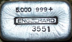 5 ounce (oz) Engelhard Silver Bar, Logo in Middle, Poured, Obverse