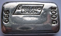 100 gram (g) Engelhard Silver Bar, London No Markings, Obverse