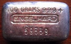 100 gram (g) Engelhard Silver Bar, Logo in the Middle, Obverse