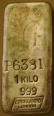 1 Kilogram (kg) Engelhard Silver Bar, London, Obverse