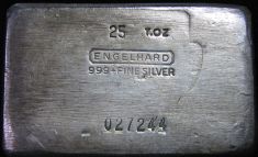 25 Ounce (oz) Engelhard Silver Bar, High Logo, Obverse