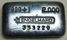 2 ounce (oz) Engelhard Silver Bar, Bull Logo, Obverse
