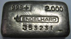 2 ounce (oz) Engelhard Silver Bar, Bull Logo, Small Serial, Obverse