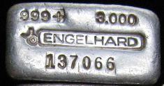 3 ounce (oz) Engelhard Silver Bar, Large Bull Logo, Obverse