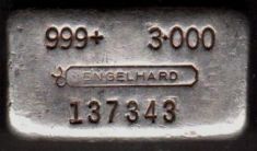 3 ounce (oz) Engelhard Silver Bar, Small Bull Logo, Obverse