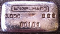 3 ounce (oz) Engelhard Silver Bar, Logo on Top, Obverse