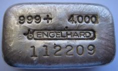 4 ounce (oz) Engelhard Silver Bar, Old Style, Bull Logo in Middle, Obverse