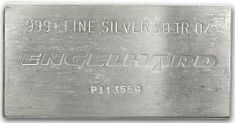 50 Ounce (oz) Engelhard Silver Bar, Triangle Logo, Obverse