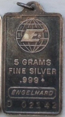 5 gram (g) Engelhard Silver Bar, Wide 'E' Logo, Obverse