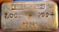 7 ounce (oz) Engelhard Silver Bar, Logo on Top, Obverse