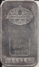 1 ounce (oz) Engelhard Siver Bar, Maple Logo, Obverse