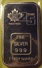 1 ounce (oz) Engelhard Siver Bar, Maple Logo, 25 Years, Obverse