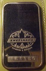 1 ounce (oz) Engelhard Siver Bar, Maple Logo, 25 Years, Reverse