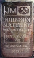 100-Ounce (oz) Johnson Matthey Silver Bar, Variety B, Obverse