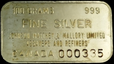 100-Gram (g) Johnson Matthey Silver Bar, Canada, Obverse