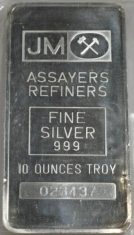 10-Ounce (oz) Johnson Matthey Silver Bar, Variety A, Obverse