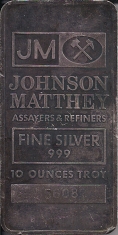 10-Ounce (oz) Johnson Matthey Silver Bar, Variety B, Obverse