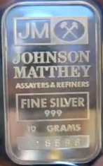 10-Gram (g) Johnson Matthey Silver Bar, Variety B, Obverse