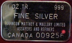 1-Ounce (oz) Johnson Matthey Silver Bar, Canada, Obverse