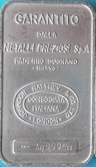 1-Ounce (oz) Johnson Matthey Silver Bar, Italy, Obverse