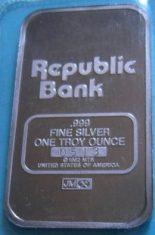 1-Ounce (oz) Johnson Matthey Silver Bar, Republic Bank, Reverse