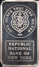1-Ounce (oz) Johnson Matthey Silver Bar, Republic National Bank, Obverse