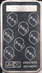 1-Ounce (oz) Johnson Matthey Silver Bar, Republic National Bank, Reverse