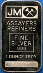 1-Ounce (oz) Johnson Matthey Silver Bar, Variety A, Obverse
