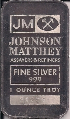 1-Ounce (oz) Johnson Matthey Silver Bar, Variety B, Obverse